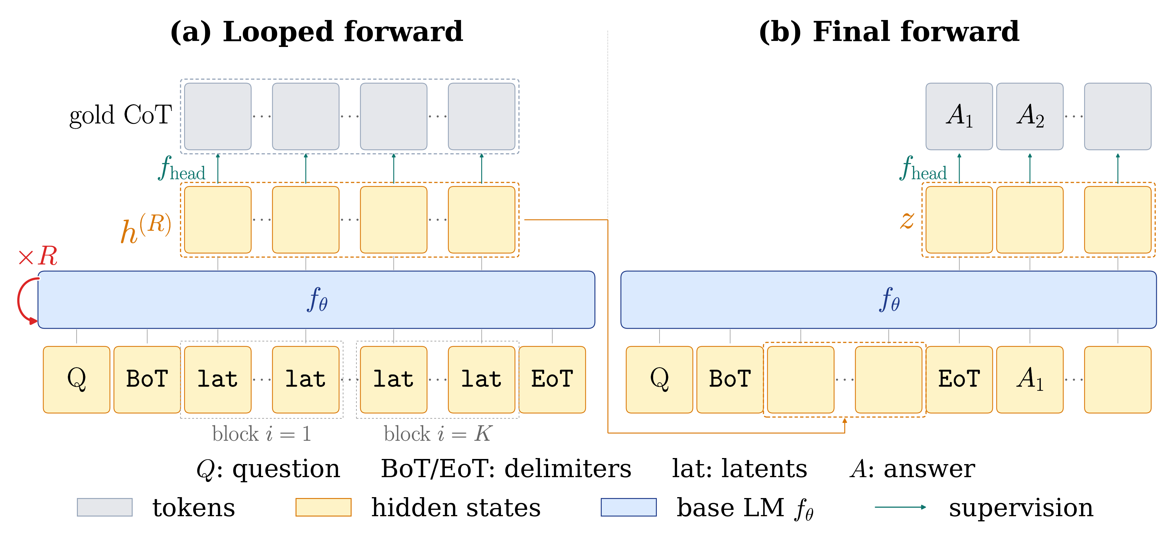 The LOTUS objective: a looped forward pass supervises K parallel latent blocks through the base LM head, then a final forward pass decodes the answer.